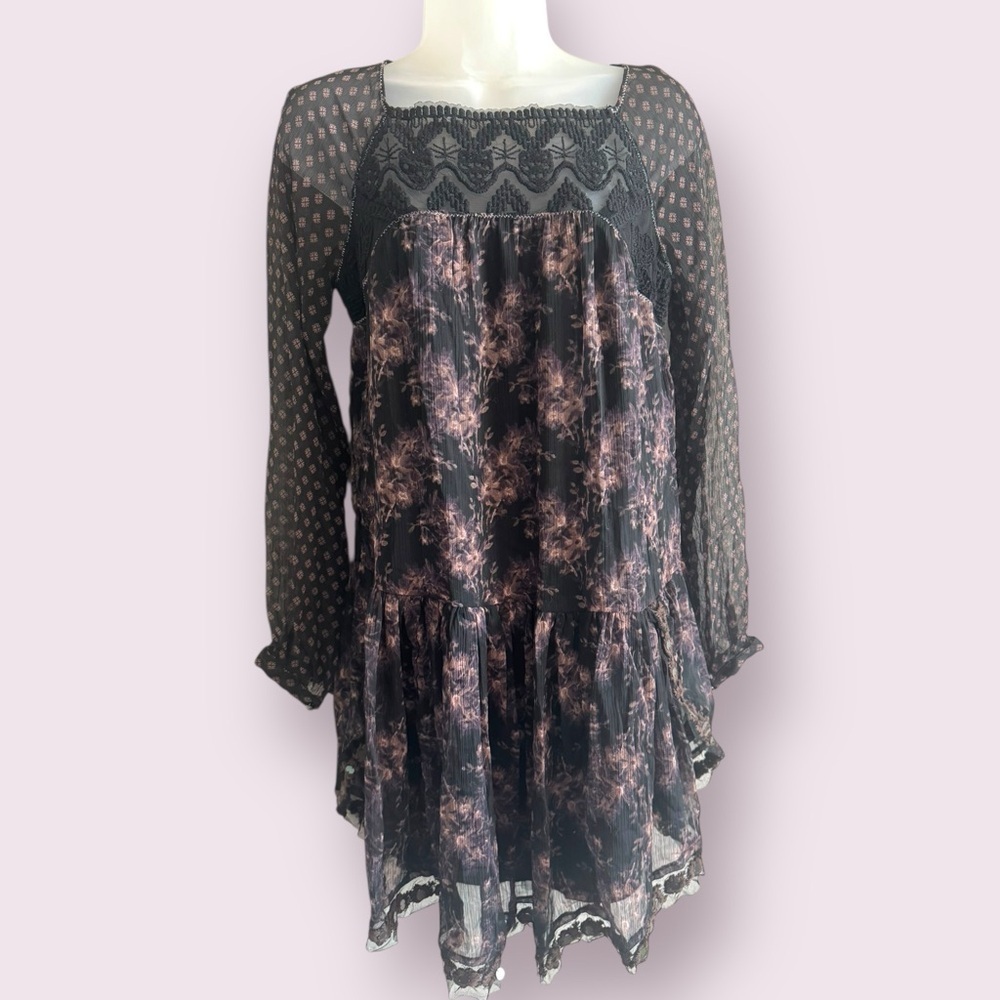 Free People Floral Lace Mini Dress Sheer Polka Dot Babydoll Cottagecore Size XS - Picture 3 of 10